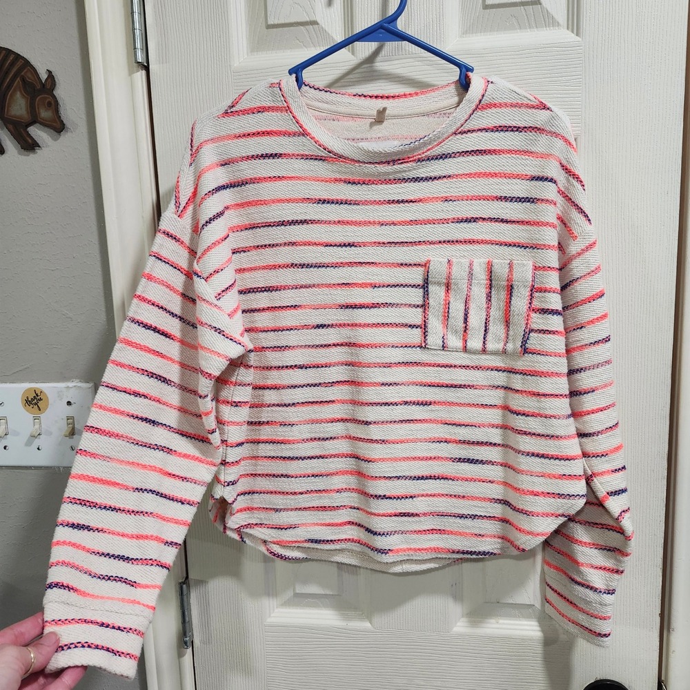 Lou & Grey Striped Textured Knit Top Womens Small Cream Orange Blue Pullover